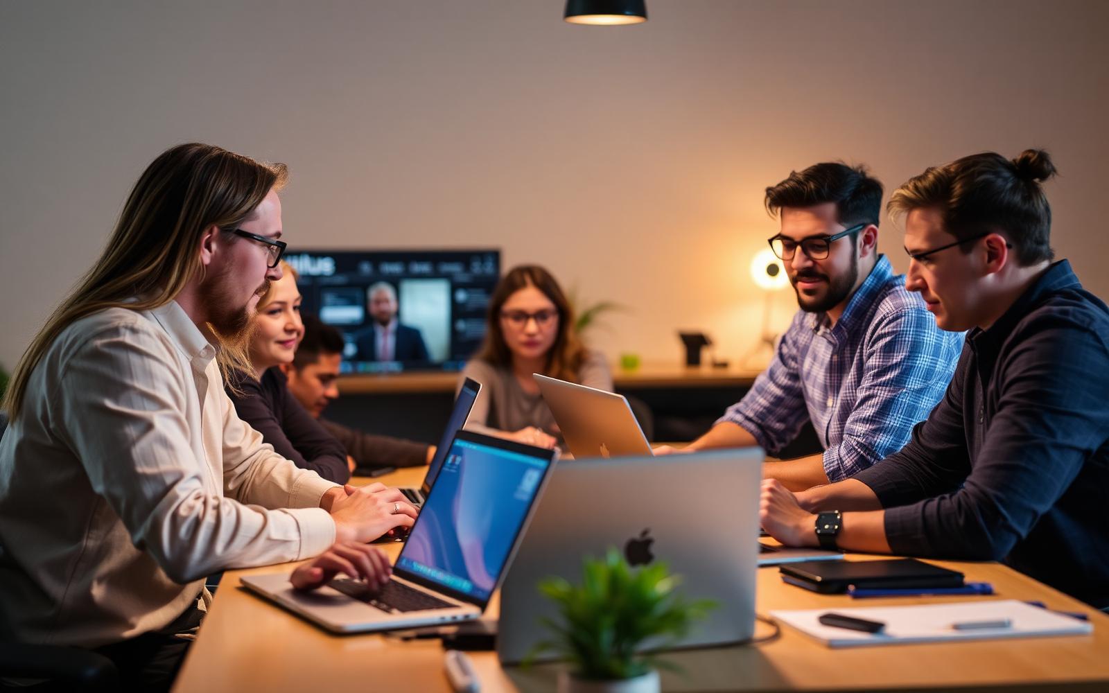 Technology team collaborating around laptops in a warmly lit workspace